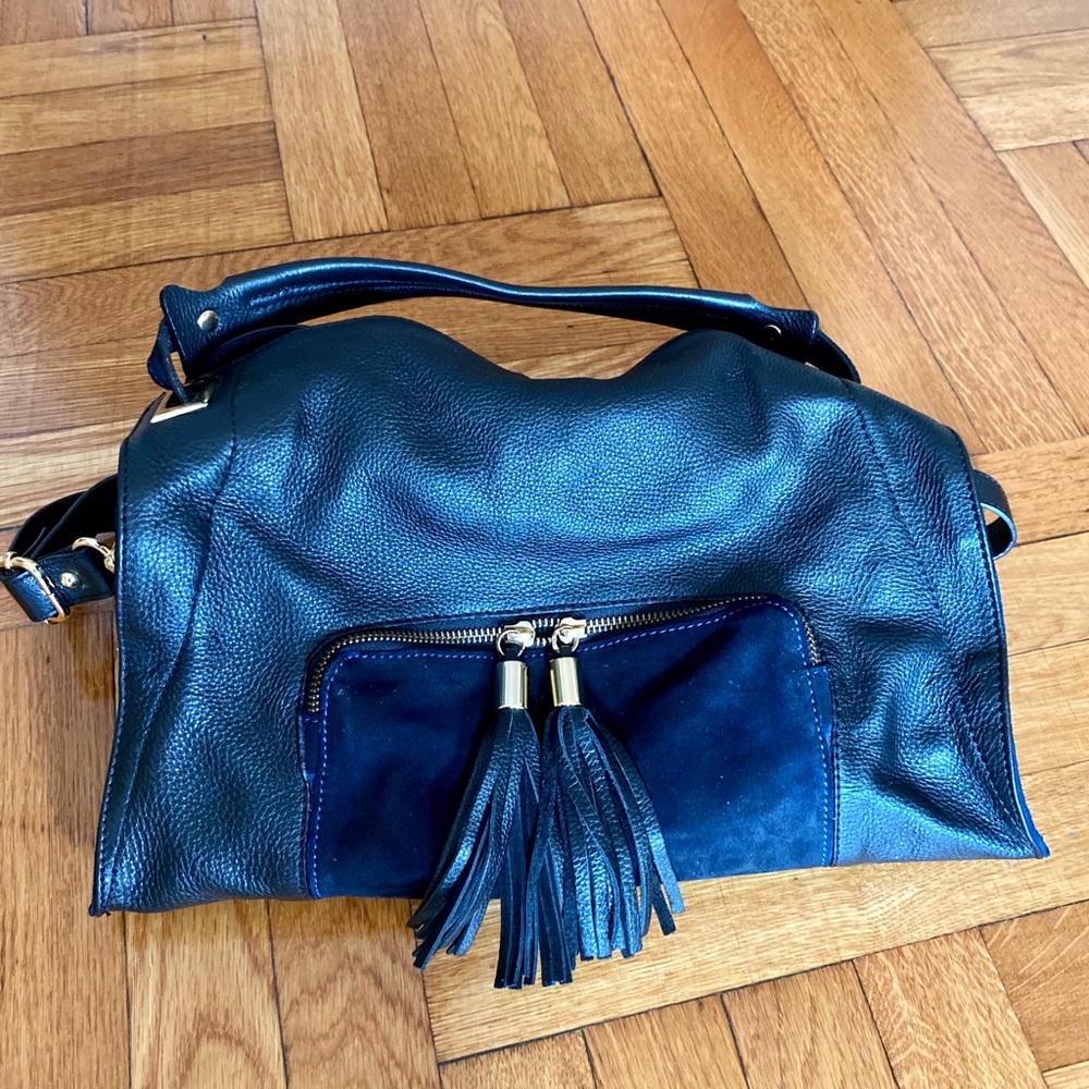 Sandro Absinthe Satchel Black Leather & Blue Suede